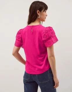 Bev Broderie Sleeve Jersey T-Shirt Pink