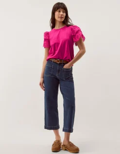 Bev Broderie Sleeve Jersey T-Shirt Pink