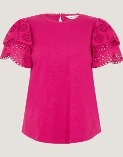 Bev Broderie Sleeve Jersey T-Shirt Pink