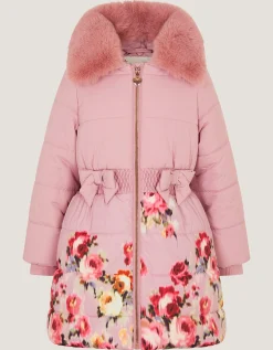 Blurred Floral Print Puffer Coat Pink