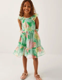 Blurry Floral Organza Ruffle Dress Green