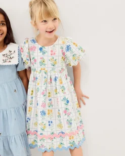 Bonnie Puff Sleeve Checkerboard Floral Dress Ivory