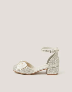 Bow Glitter Chunky Heels Ivory