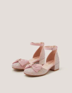 Bow Glitter Chunky Heels Pink