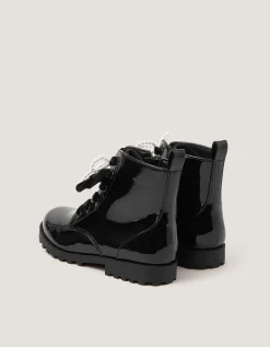 Bow Patent Lace-Up Boots Black