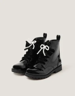 Bow Patent Lace-Up Boots Black