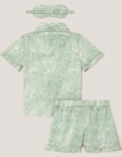 Bow Print Pyjamas & Sleep Mask Set Green