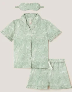 Bow Print Pyjamas & Sleep Mask Set Green