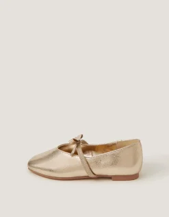 Bow Strap Metallic Ballet Flats Gold
