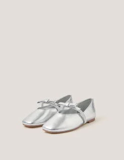 Bow Strap Metallic Ballet Flats Silver