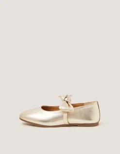 Bow Strap Metallic Leather Ballet Flats Gold