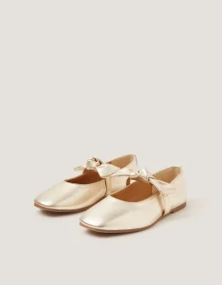 Bow Strap Metallic Leather Ballet Flats Gold