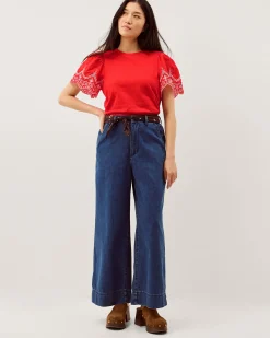 Bree Broderie Sleeve Jersey T-Shirt Red