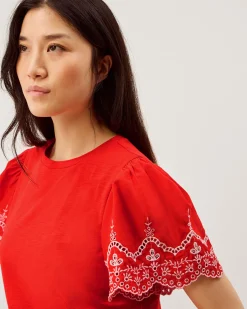 Bree Broderie Sleeve Jersey T-Shirt Red