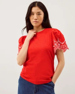 Bree Broderie Sleeve Jersey T-Shirt Red