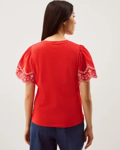 Bree Broderie Sleeve Jersey T-Shirt Red