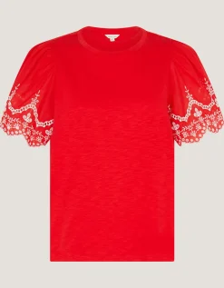 Bree Broderie Sleeve Jersey T-Shirt Red