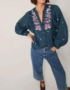 Bria Embroidered Blouson Blouse Blue