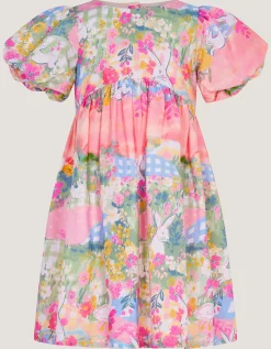 Bunny Scene Puff Sleeve Dress Yellow