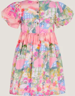 Bunny Scene Puff Sleeve Dress Yellow