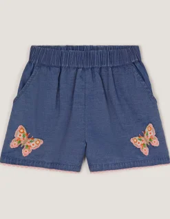 Butterfly Embroidered Pull On Shorts Blue