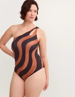 Callie Thorpe x Monsoon One-Shoulder Wave Print Shaping Swimsuit Black