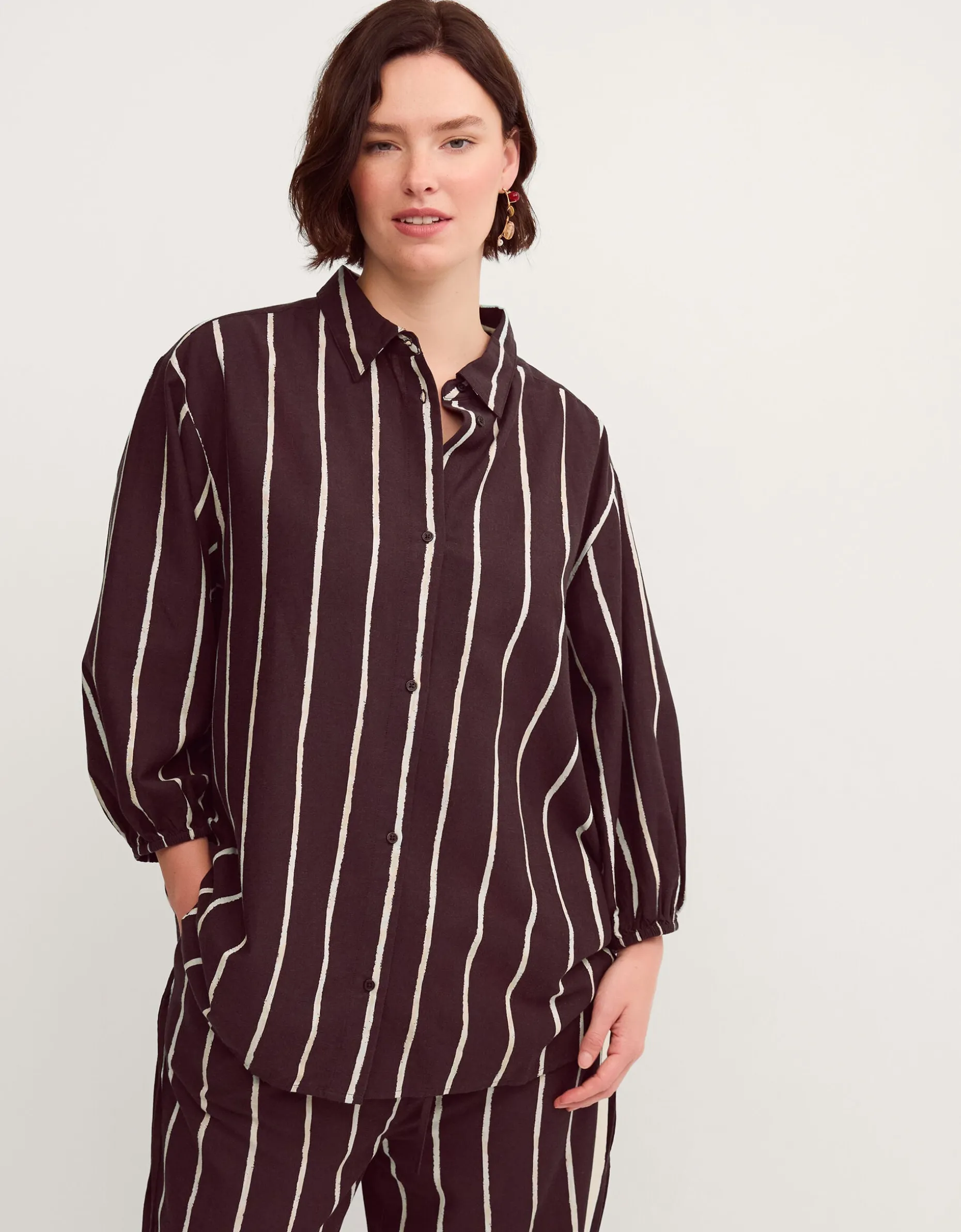 Callie Thorpe x Monsoon Stripe Linen Blend Shirt Brown
