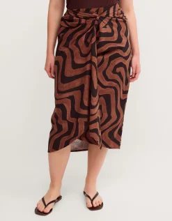 Callie Thorpe x Monsoon Wave Print Linen Blend Sarong Skirt Brown