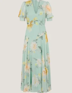 Carris Puff Sleeve Floral Midi Dress Green