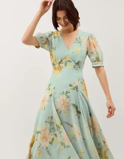 Carris Puff Sleeve Floral Midi Dress Green