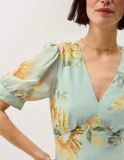 Carris Puff Sleeve Floral Midi Dress Green