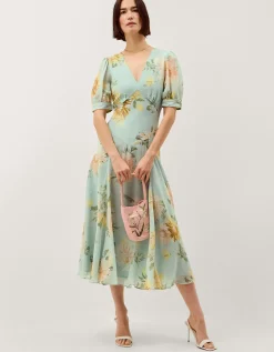 Carris Puff Sleeve Floral Midi Dress Green