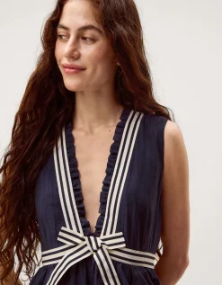 Cece V-Neck Stripe Bow Midi Dress Blue