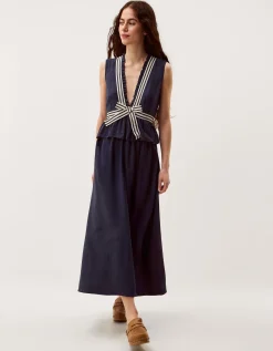 Cece V-Neck Stripe Bow Midi Dress Blue