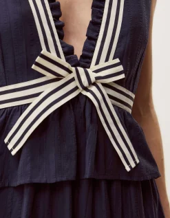 Cece V-Neck Stripe Bow Midi Dress Blue
