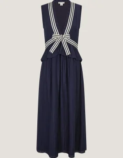 Cece V-Neck Stripe Bow Midi Dress Blue