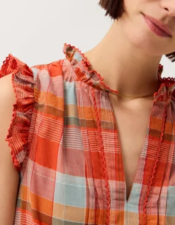 Cecily Check Print Tiered Midi Dress Orange