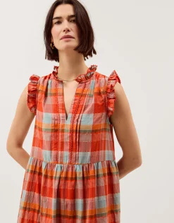 Cecily Check Print Tiered Midi Dress Orange