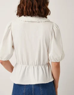Celia Puff Sleeve Collar Jersey Blouse Ivory