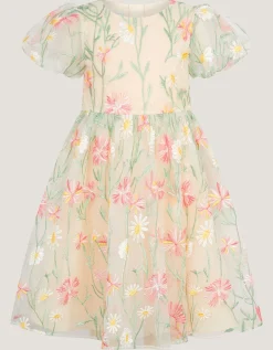 Celina Daisy Embroidered Party Dress White