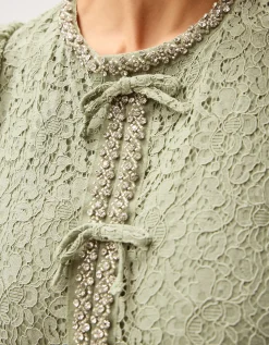 Celina Puff Sleeve Lace Midi Dress Green