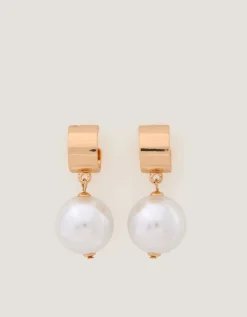 Chunky Pearl Drop Hoop Earrings