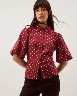 Claire Puff Sleeve Polka Dot Shirt Red