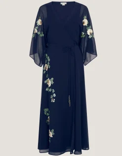 Clara Floral Embellished Midi Wrap Dress Blue