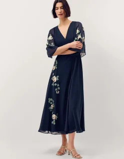 Clara Floral Embellished Midi Wrap Dress Blue