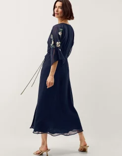 Clara Floral Embellished Midi Wrap Dress Blue