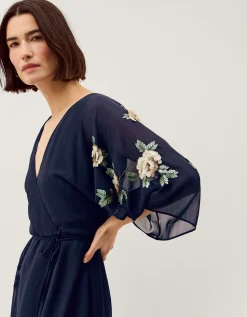 Clara Floral Embellished Midi Wrap Dress Blue
