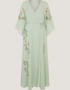 Clara Floral Embellished Midi Wrap Dress Green