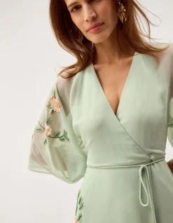 Clara Floral Embellished Midi Wrap Dress Green