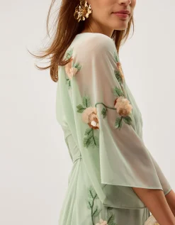 Clara Floral Embellished Midi Wrap Dress Green